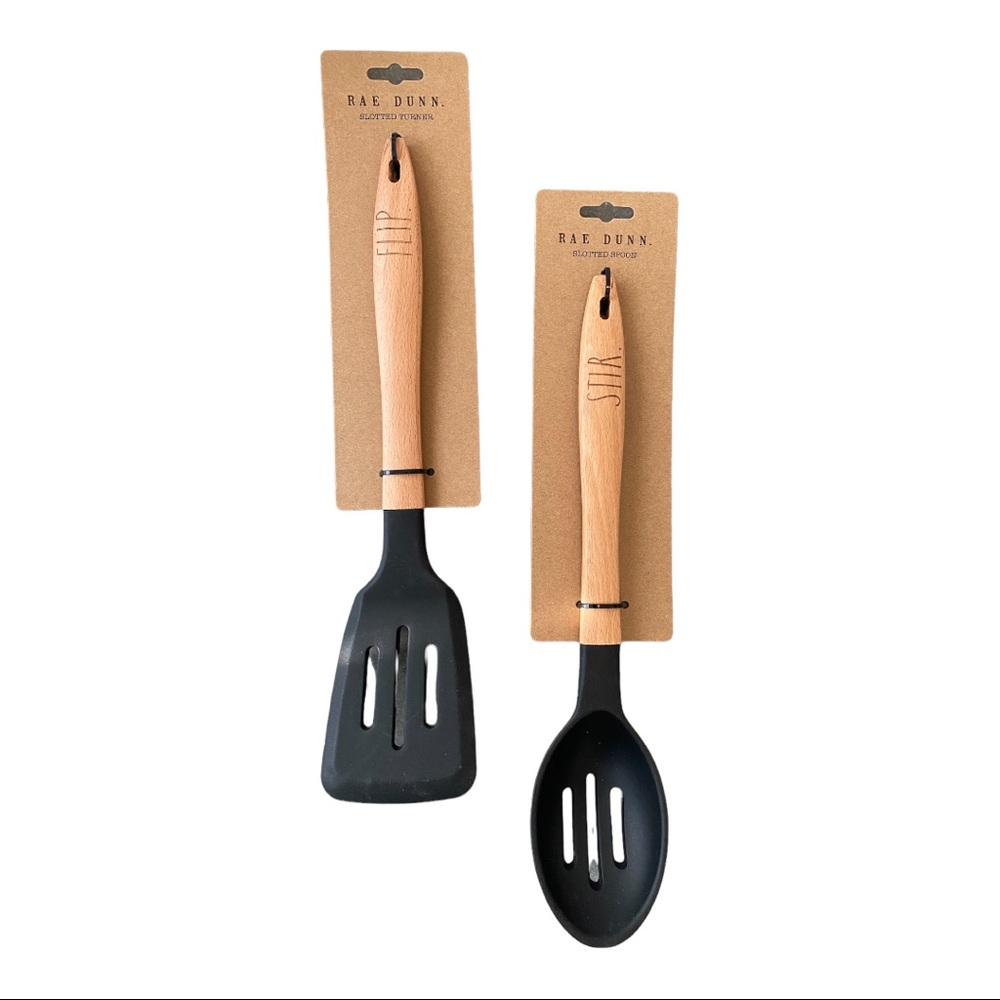 NWT Lot of 2 Wood Kitchen TOOLS Utensils SLOTTED SPOON and TURNER Spatula Black